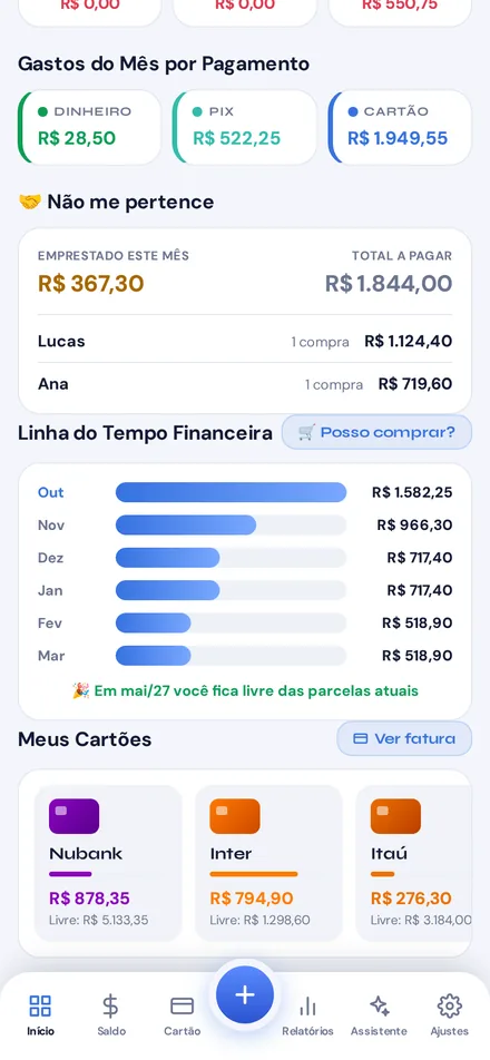 Tela Início do Gear Finance com a Linha do Tempo Financeira das próximas faturas